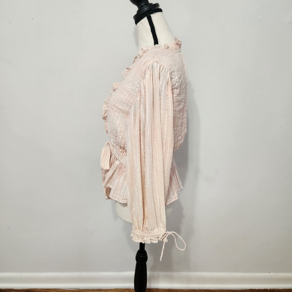 Cleobella Revolve Pink Cloud Cropped Ruffle Tie Front Top Shirt Puff Sleeve - Picture 4 of 13